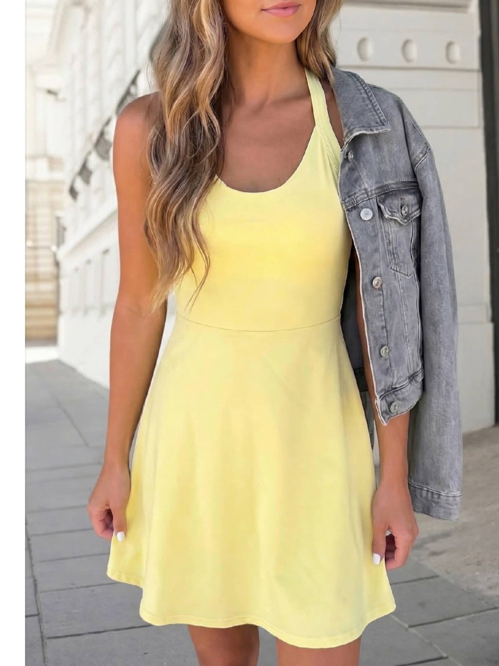 Aapparella Yellow Cream Backless Tank Top Athletic Mini Dress